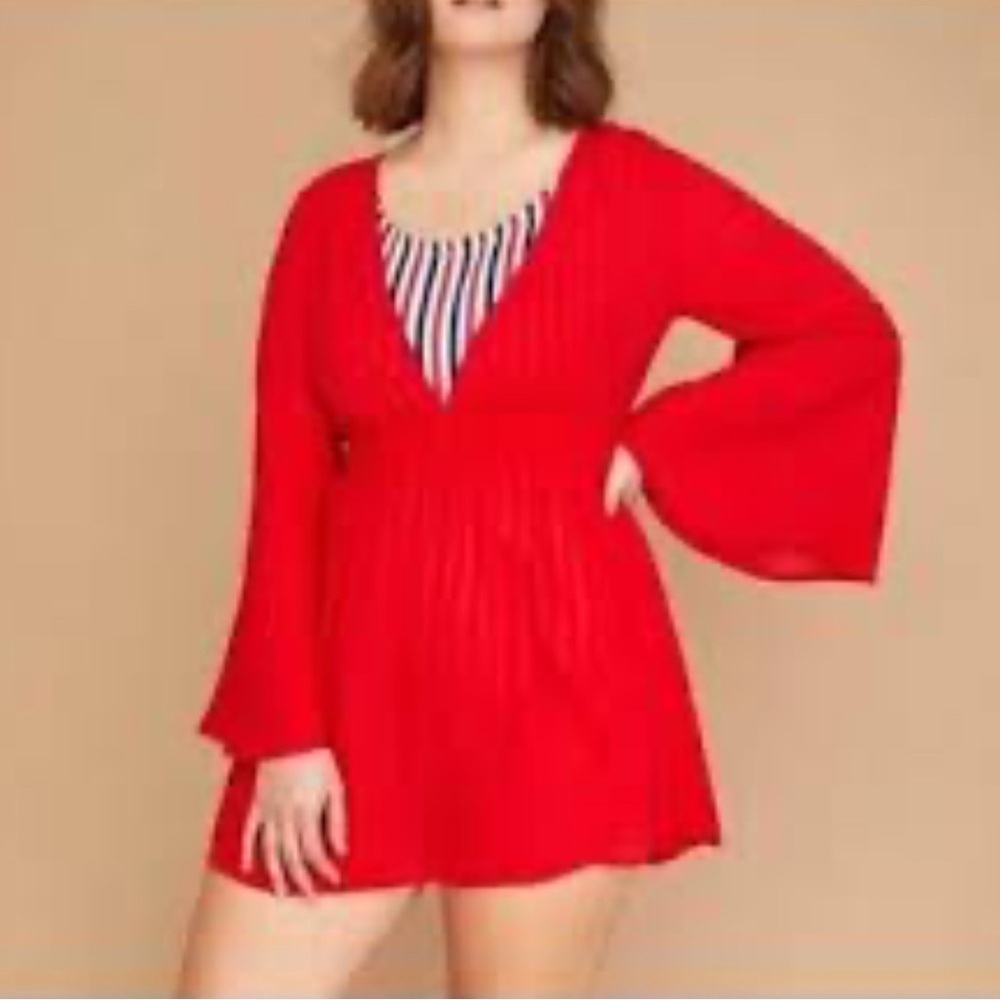 Lane Bryant Swim By Cacique Red Plunge Bell Sleeve Sheer Swim Cover Up Sz 22/24